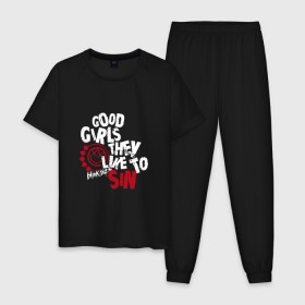 Мужская пижама хлопок с принтом Good girls they like to sin в городе Новоалтайск, 100% хлопок | брюки и футболка прямого кроя, без карманов, на брюках мягкая резинка на поясе и по низу штанин
 | blink | альтернативный рок | блинк | группа | марк хоппус | музыка | мэтт скиба | надпись | панк | панк рок | песни | поп панк | рок | скейт панк | смайл | смайлик | трэвис баркер