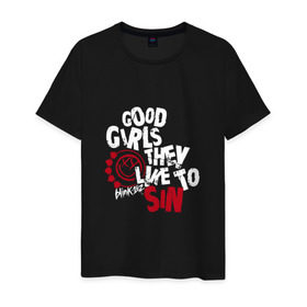 Мужская футболка хлопок с принтом Good girls they like to sin в городе Новоалтайск, 100% хлопок | прямой крой, круглый вырез горловины, длина до линии бедер, слегка спущенное плечо. | Тематика изображения на принте: blink | альтернативный рок | блинк | группа | марк хоппус | музыка | мэтт скиба | надпись | панк | панк рок | песни | поп панк | рок | скейт панк | смайл | смайлик | трэвис баркер