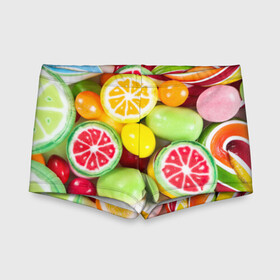 Детские купальные плавки 3D с принтом Candy в городе Новоалтайск, Полиэстер 85%, Спандекс 15% | Слитный крой, подклад по переду изделия, узкие бретели | Тематика изображения на принте: candy | colorful | lollipop | sweet | конфеты | леденцы | сладости