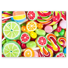 Поздравительная открытка с принтом Candy в городе Новоалтайск, 100% бумага | плотность бумаги 280 г/м2, матовая, на обратной стороне линовка и место для марки
 | Тематика изображения на принте: candy | colorful | lollipop | sweet | конфеты | леденцы | сладости