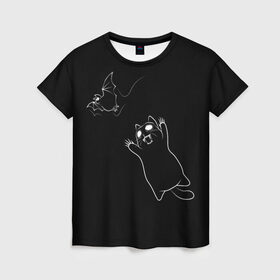 Женская футболка 3D с принтом Cat Monster в городе Новоалтайск, 100% полиэфир ( синтетическое хлопкоподобное полотно) | прямой крой, круглый вырез горловины, длина до линии бедер | cat | halloween | арт | животные | кот | котик | кошки | монстр | мышь | праздник | хэллоуин | черно белый