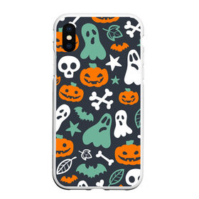 Чехол для iPhone XS Max матовый с принтом Halloween в городе Новоалтайск, Силикон | Область печати: задняя сторона чехла, без боковых панелей | Тематика изображения на принте: звёзды | кости | летучие мыши | листья | привидения | тыквы