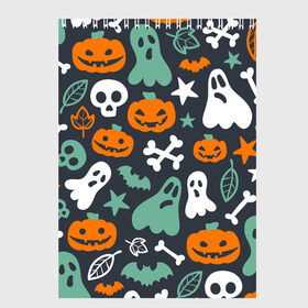 Скетчбук с принтом Halloween в городе Новоалтайск, 100% бумага
 | 48 листов, плотность листов — 100 г/м2, плотность картонной обложки — 250 г/м2. Листы скреплены сверху удобной пружинной спиралью | Тематика изображения на принте: звёзды | кости | летучие мыши | листья | привидения | тыквы
