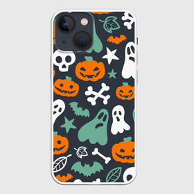 Чехол для iPhone 13 mini с принтом Halloween в городе Новоалтайск,  |  | звёзды | кости | летучие мыши | листья | привидения | тыквы