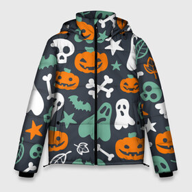 Мужская зимняя куртка 3D с принтом Halloween в городе Новоалтайск, верх — 100% полиэстер; подкладка — 100% полиэстер; утеплитель — 100% полиэстер | длина ниже бедра, свободный силуэт Оверсайз. Есть воротник-стойка, отстегивающийся капюшон и ветрозащитная планка. 

Боковые карманы с листочкой на кнопках и внутренний карман на молнии. | звёзды | кости | летучие мыши | листья | привидения | тыквы