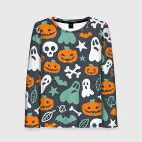 Женский лонгслив 3D с принтом Halloween в городе Новоалтайск, 100% полиэстер | длинные рукава, круглый вырез горловины, полуприлегающий силуэт | звёзды | кости | летучие мыши | листья | привидения | тыквы