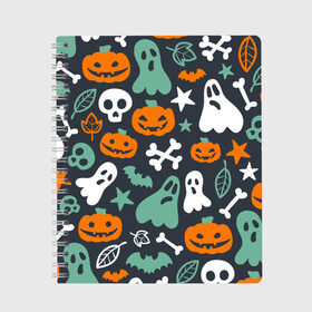 Тетрадь с принтом Halloween в городе Новоалтайск, 100% бумага | 48 листов, плотность листов — 60 г/м2, плотность картонной обложки — 250 г/м2. Листы скреплены сбоку удобной пружинной спиралью. Уголки страниц и обложки скругленные. Цвет линий — светло-серый
 | Тематика изображения на принте: звёзды | кости | летучие мыши | листья | привидения | тыквы