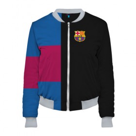 Женский бомбер 3D с принтом FC Barcelona Black Version в городе Новоалтайск, 100% полиэстер | застегивается на молнию, по бокам два кармана без застежек, мягкие манжеты, по низу бомбера и на воротнике — эластичная резинка | 