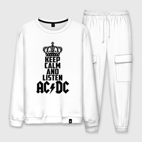 Мужской костюм хлопок с принтом Keep calm and listen AC DC в городе Новоалтайск, 100% хлопок | на свитшоте круглая горловина, мягкая резинка по низу. Брюки заужены к низу, на них два вида карманов: два “обычных” по бокам и два объемных, с клапанами, расположенные ниже линии бедра. Брюки с мягкой трикотажной резинкой на поясе и по низу штанин. В поясе для дополнительного комфорта — широкие завязки | ac dc | acdc | австралийская | альбом | ангус янг | блюз рок | гитара | головы | группа | крис слэйд | музыканты | надпись | певцы | рок | рок н ролл | стиви янг | хард рок | эксл роуз