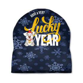 Шапка 3D с принтом Lucky Year в городе Новоалтайск, 100% полиэстер | универсальный размер, печать по всей поверхности изделия | new year | santa | год собаки | дед мороз | елка | елочки | новогодний | новый год | подарки | рождество | сантаклаус | снег | снежинки | собака