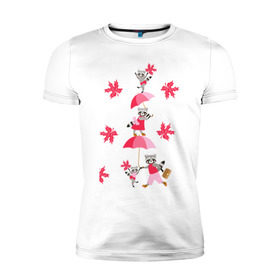 Мужская футболка премиум с принтом Осень в городе Новоалтайск, 92% хлопок, 8% лайкра | приталенный силуэт, круглый вырез ворота, длина до линии бедра, короткий рукав | арт | дождь | еноты | зонт | лист | листья | осень