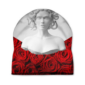 Шапка 3D с принтом Унисекс / Snake roses girl в городе Новоалтайск, 100% полиэстер | универсальный размер, печать по всей поверхности изделия | букет | веты | красный | лепестки | модные | полосы | природа | растения | розочки | розы | сад | тренды | цвет | черный