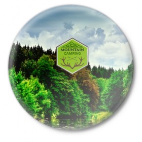 Значок с принтом Mountain Camping в городе Новоалтайск,  металл | круглая форма, металлическая застежка в виде булавки | Тематика изображения на принте: mountain | возвышение | возвышенность | гора | горка | горы | лес | природа | склон | туман | холм