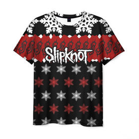 Мужская футболка 3D с принтом Праздничный Slipknot в городе Новоалтайск, 100% полиэфир | прямой крой, круглый вырез горловины, длина до линии бедер | slipknot | альтернативный метал | андерс | грув метал | колсефни | кори | красный | метал | музыка | новогодний | новый год | ню метал | рождество | рок | слипкнот | снежинки | тейлор