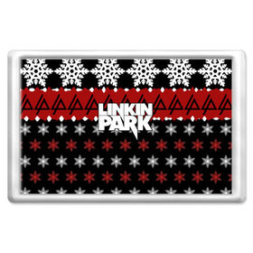 Магнит 45*70 с принтом Праздничный Linkin Park в городе Новоалтайск, Пластик | Размер: 78*52 мм; Размер печати: 70*45 | Тематика изображения на принте: b | chester | linkin park | альтернативный метал | альтернативный рок | беннингтон | группа | знак | красный | линкин парк | музыкант | надпись | новогодний | новый год | ню метал | певец | праздник | рождество