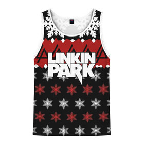 Мужская майка 3D с принтом Праздничный Linkin Park в городе Новоалтайск, 100% полиэстер | круглая горловина, приталенный силуэт, длина до линии бедра. Пройма и горловина окантованы тонкой бейкой | b | chester | linkin park | альтернативный метал | альтернативный рок | беннингтон | группа | знак | красный | линкин парк | музыкант | надпись | новогодний | новый год | ню метал | певец | праздник | рождество