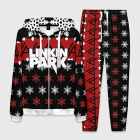 Мужской костюм 3D с принтом Праздничный Linkin Park в городе Новоалтайск, 100% полиэстер | Манжеты и пояс оформлены тканевой резинкой, двухслойный капюшон со шнурком для регулировки, карманы спереди | b | chester | linkin park | альтернативный метал | альтернативный рок | беннингтон | группа | знак | красный | линкин парк | музыкант | надпись | новогодний | новый год | ню метал | певец | праздник | рождество