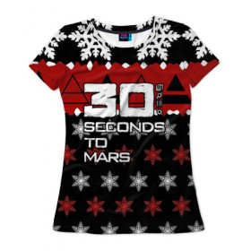 Женская футболка 3D с принтом Праздничный 30 Seconds to mars в городе Новоалтайск, 100% полиэфир ( синтетическое хлопкоподобное полотно) | прямой крой, круглый вырез горловины, длина до линии бедер | 30 секунд до марса | 30stm | thirty seconds to mars |  30 seconds to mars | альтернативный | гранж | группа | джаред | знак | красный | надпись | нео | новогодний | новый год | пост | праздник | прогрессивный | рождество | рок