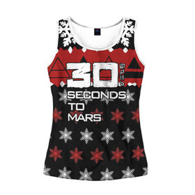 Женская майка 3D с принтом Праздничный 30 Seconds to mars в городе Новоалтайск, 100% полиэстер | круглая горловина, прямой силуэт, длина до линии бедра | 30 секунд до марса | 30stm | thirty seconds to mars |  30 seconds to mars | альтернативный | гранж | группа | джаред | знак | красный | надпись | нео | новогодний | новый год | пост | праздник | прогрессивный | рождество | рок