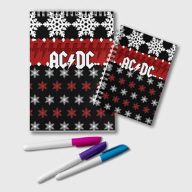 Блокнот с принтом Праздничный AC/DC в городе Новоалтайск, 100% бумага | 48 листов, плотность листов — 60 г/м2, плотность картонной обложки — 250 г/м2. Листы скреплены удобной пружинной спиралью. Цвет линий — светло-серый
 | Тематика изображения на принте: ac dc | acdc | for those about to ro | австралийская | ангус янг | блюз рок | головы | группа | знак | красный | крис слэйд | музыканты | надпись | новогодний | новый год | певцы | праздник | рождество | рок | рок н ролл