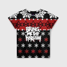 Детская футболка 3D с принтом Праздничный Bring Me the Horizon в городе Новоалтайск, 100% гипоаллергенный полиэфир | прямой крой, круглый вырез горловины, длина до линии бедер, чуть спущенное плечо, ткань немного тянется | bmth | bring me the horizon | альтернативный метал | альтернативный рок | группа | достань для меня горизонт | дэткор | знак | красный | метал | надпись | новогодний | новый год | праздник | рождество | рок