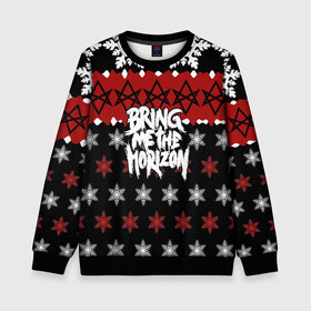 Детский свитшот 3D с принтом Праздничный Bring Me the Horizon в городе Новоалтайск, 100% полиэстер | свободная посадка, прямой крой, мягкая тканевая резинка на рукавах и понизу свитшота | bmth | bring me the horizon | альтернативный метал | альтернативный рок | группа | достань для меня горизонт | дэткор | знак | красный | метал | надпись | новогодний | новый год | праздник | рождество | рок
