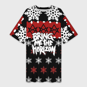 Платье-футболка 3D с принтом Праздничный Bring Me the Horizon в городе Новоалтайск,  |  | bmth | bring me the horizon | альтернативный метал | альтернативный рок | группа | достань для меня горизонт | дэткор | знак | красный | метал | надпись | новогодний | новый год | праздник | рождество | рок