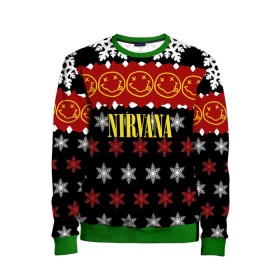 Детский свитшот 3D с принтом Nirvana праздничный в городе Новоалтайск, 100% полиэстер | свободная посадка, прямой крой, мягкая тканевая резинка на рукавах и понизу свитшота | Тематика изображения на принте: cobain | kurt | nirvana | альтернативный | боритон | гранж | группа | дональд | знак | кобейн | красный | крист новоселич | курт | музыка | музыкант | надпись | нирвана | новогодний | новый год | певец | праздник