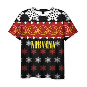 Мужская футболка 3D с принтом Nirvana праздничный в городе Новоалтайск, 100% полиэфир | прямой крой, круглый вырез горловины, длина до линии бедер | cobain | kurt | nirvana | альтернативный | боритон | гранж | группа | дональд | знак | кобейн | красный | крист новоселич | курт | музыка | музыкант | надпись | нирвана | новогодний | новый год | певец | праздник