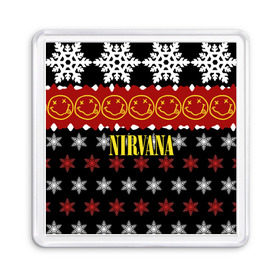 Магнит 55*55 с принтом Nirvana праздничный в городе Новоалтайск, Пластик | Размер: 65*65 мм; Размер печати: 55*55 мм | cobain | kurt | nirvana | альтернативный | боритон | гранж | группа | дональд | знак | кобейн | красный | крист новоселич | курт | музыка | музыкант | надпись | нирвана | новогодний | новый год | певец | праздник