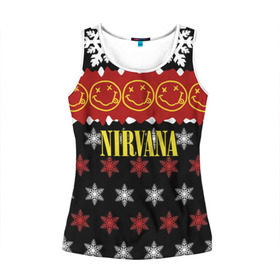 Женская майка 3D с принтом Nirvana праздничный в городе Новоалтайск, 100% полиэстер | круглая горловина, прямой силуэт, длина до линии бедра | cobain | kurt | nirvana | альтернативный | боритон | гранж | группа | дональд | знак | кобейн | красный | крист новоселич | курт | музыка | музыкант | надпись | нирвана | новогодний | новый год | певец | праздник