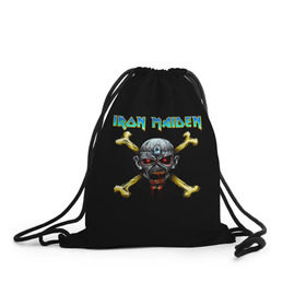Рюкзак-мешок 3D с принтом Iron Maiden череп и кости в городе Новоалтайск, 100% полиэстер | плотность ткани — 200 г/м2, размер — 35 х 45 см; лямки — толстые шнурки, застежка на шнуровке, без карманов и подкладки | iron maiden | адриан смит | айрон мейден | гроза | группа | дэйв мюррей | железная дева | ирон майден | метал | мрачный | музыка | песни | рок | стив харрис | тяжелый | флаг | хеви | хевиметал