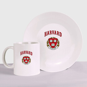 Набор: тарелка + кружка с принтом Harvard university в городе Новоалтайск, керамика | Кружка: объем — 330 мл, диаметр — 80 мм. Принт наносится на бока кружки, можно сделать два разных изображения. 
Тарелка: диаметр - 210 мм, диаметр для нанесения принта - 120 мм. | вуз | гарвард | герб | лига плюща | массачусетс | престижный | сша | университет