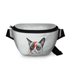 Поясная сумка 3D с принтом Grumpy cat (David Bowie) в городе Новоалтайск, 100% полиэстер | плотная ткань, ремень с регулируемой длиной, внутри несколько карманов для мелочей, основное отделение и карман с обратной стороны сумки застегиваются на молнию | бодиарт | грумпи | дэвид боуи | злой кот | интернет | котей | котик | кошка | мем | мемас | мемчик. | молния на лице | рисунок на лице | сердитый