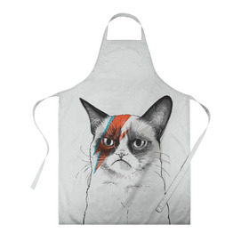 Фартук 3D с принтом Grumpy cat (David Bowie) в городе Новоалтайск, 100% полиэстер | общий размер — 65 х 85 см, ширина нагрудника — 26 см, горловина — 53 см, длина завязок — 54 см, общий обхват в поясе — 173 см. Принт на завязках и на горловине наносится с двух сторон, на основной части фартука — только с внешней стороны | бодиарт | грумпи | дэвид боуи | злой кот | интернет | котей | котик | кошка | мем | мемас | мемчик. | молния на лице | рисунок на лице | сердитый