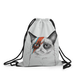 Рюкзак-мешок 3D с принтом Grumpy cat (David Bowie) в городе Новоалтайск, 100% полиэстер | плотность ткани — 200 г/м2, размер — 35 х 45 см; лямки — толстые шнурки, застежка на шнуровке, без карманов и подкладки | бодиарт | грумпи | дэвид боуи | злой кот | интернет | котей | котик | кошка | мем | мемас | мемчик. | молния на лице | рисунок на лице | сердитый