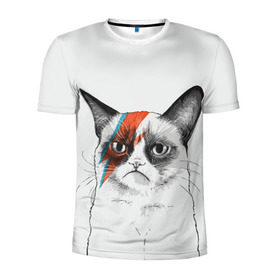 Мужская футболка 3D спортивная с принтом Grumpy cat (David Bowie) в городе Новоалтайск, 100% полиэстер с улучшенными характеристиками | приталенный силуэт, круглая горловина, широкие плечи, сужается к линии бедра | Тематика изображения на принте: бодиарт | грумпи | дэвид боуи | злой кот | интернет | котей | котик | кошка | мем | мемас | мемчик. | молния на лице | рисунок на лице | сердитый