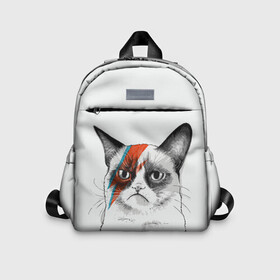 Детский рюкзак 3D с принтом Grumpy cat (David Bowie) в городе Новоалтайск, 100% полиэстер | лямки с регулируемой длиной, сверху петелька, чтобы рюкзак можно было повесить на вешалку. Основное отделение закрывается на молнию, как и внешний карман. Внутри дополнительный карман. По бокам два дополнительных кармашка | бодиарт | грумпи | дэвид боуи | злой кот | интернет | котей | котик | кошка | мем | мемас | мемчик. | молния на лице | рисунок на лице | сердитый