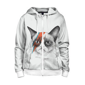 Детская толстовка 3D на молнии с принтом Grumpy cat (David Bowie) в городе Новоалтайск, 100% полиэстер |  манжеты и пояс оформлены широкой мягкой резинкой, двухслойный капюшон со шнурком для регулировки, спереди карманы и застежка-молния
 | бодиарт | грумпи | дэвид боуи | злой кот | интернет | котей | котик | кошка | мем | мемас | мемчик. | молния на лице | рисунок на лице | сердитый