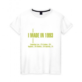 Женская футболка хлопок с принтом I made in 1993 в городе Новоалтайск, 100% хлопок | прямой крой, круглый вырез горловины, длина до линии бедер, слегка спущенное плечо | 1993 | день рождения | подарок | праздник