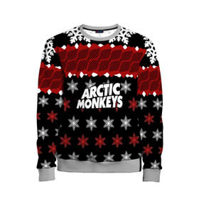 Детский свитшот 3D с принтом Праздничный Arctic Monkeys в городе Новоалтайск, 100% полиэстер | свободная посадка, прямой крой, мягкая тканевая резинка на рукавах и понизу свитшота | алекс тёрнер | арктик | арктические мартышки | гаражный | группа | джейми кук | знак | инди рок | красный | м | манкис | музыка | надпись | ник о мэлли | новогодний | новый год | обезьяна