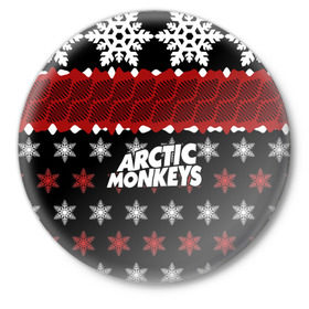 Значок с принтом Праздничный Arctic Monkeys в городе Новоалтайск,  металл | круглая форма, металлическая застежка в виде булавки | Тематика изображения на принте: алекс тёрнер | арктик | арктические мартышки | гаражный | группа | джейми кук | знак | инди рок | красный | м | манкис | музыка | надпись | ник о мэлли | новогодний | новый год | обезьяна