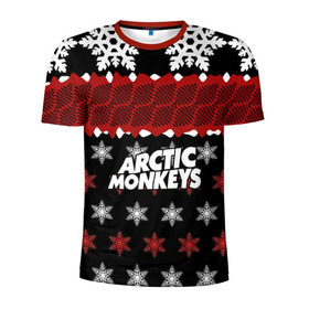 Мужская футболка 3D спортивная с принтом Праздничный Arctic Monkeys в городе Новоалтайск, 100% полиэстер с улучшенными характеристиками | приталенный силуэт, круглая горловина, широкие плечи, сужается к линии бедра | алекс тёрнер | арктик | арктические мартышки | гаражный | группа | джейми кук | знак | инди рок | красный | м | манкис | музыка | надпись | ник о мэлли | новогодний | новый год | обезьяна
