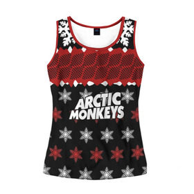 Женская майка 3D с принтом Праздничный Arctic Monkeys в городе Новоалтайск, 100% полиэстер | круглая горловина, прямой силуэт, длина до линии бедра | алекс тёрнер | арктик | арктические мартышки | гаражный | группа | джейми кук | знак | инди рок | красный | м | манкис | музыка | надпись | ник о мэлли | новогодний | новый год | обезьяна