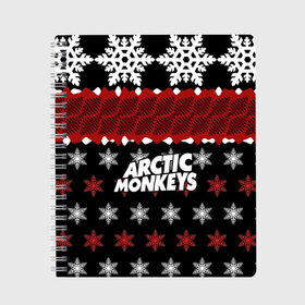 Тетрадь с принтом Праздничный Arctic Monkeys в городе Новоалтайск, 100% бумага | 48 листов, плотность листов — 60 г/м2, плотность картонной обложки — 250 г/м2. Листы скреплены сбоку удобной пружинной спиралью. Уголки страниц и обложки скругленные. Цвет линий — светло-серый
 | алекс тёрнер | арктик | арктические мартышки | гаражный | группа | джейми кук | знак | инди рок | красный | м | манкис | музыка | надпись | ник о мэлли | новогодний | новый год | обезьяна