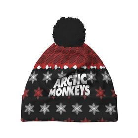 Шапка 3D c помпоном с принтом Праздничный Arctic Monkeys в городе Новоалтайск, 100% полиэстер | универсальный размер, печать по всей поверхности изделия | алекс тёрнер | арктик | арктические мартышки | гаражный | группа | джейми кук | знак | инди рок | красный | м | манкис | музыка | надпись | ник о мэлли | новогодний | новый год | обезьяна