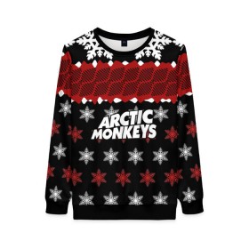 Женский свитшот 3D с принтом Праздничный Arctic Monkeys в городе Новоалтайск, 100% полиэстер с мягким внутренним слоем | круглый вырез горловины, мягкая резинка на манжетах и поясе, свободная посадка по фигуре | алекс тёрнер | арктик | арктические мартышки | гаражный | группа | джейми кук | знак | инди рок | красный | м | манкис | музыка | надпись | ник о мэлли | новогодний | новый год | обезьяна