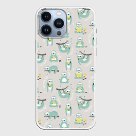 Чехол для iPhone 13 Pro Max с принтом Ленивцы в городе Новоалтайск,  |  | Тематика изображения на принте: дерево | книга | ленивец | милота | сон | спать | чтение