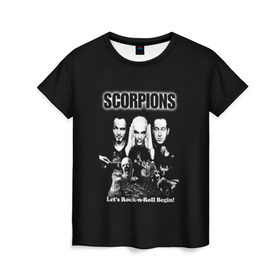 Женская футболка 3D с принтом Группа Scorpions в городе Новоалтайск, 100% полиэфир ( синтетическое хлопкоподобное полотно) | прямой крой, круглый вырез горловины, длина до линии бедер | scorpions | группа | скорпионс | хард | хардрок
