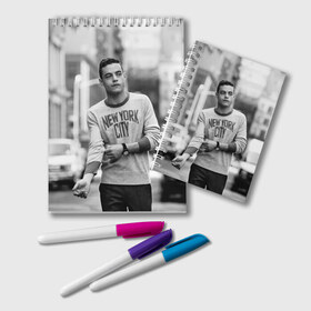 Блокнот с принтом Rami Malek в городе Новоалтайск, 100% бумага | 48 листов, плотность листов — 60 г/м2, плотность картонной обложки — 250 г/м2. Листы скреплены удобной пружинной спиралью. Цвет линий — светло-серый
 | mr robot | rami malek | мистер робот | рами малек